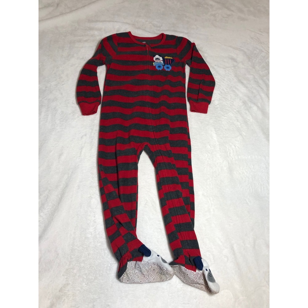 5/$25 Kids Headquarters Footed Pajamas 4T Red Gray Striped Bulldog Dump Truck